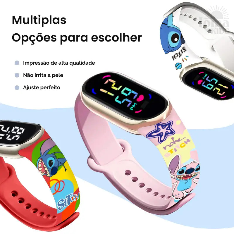 Relógio Infantil Digital Stitch - Disney - LED Luminoso e impermeável - Presente de Aniversário Infantil